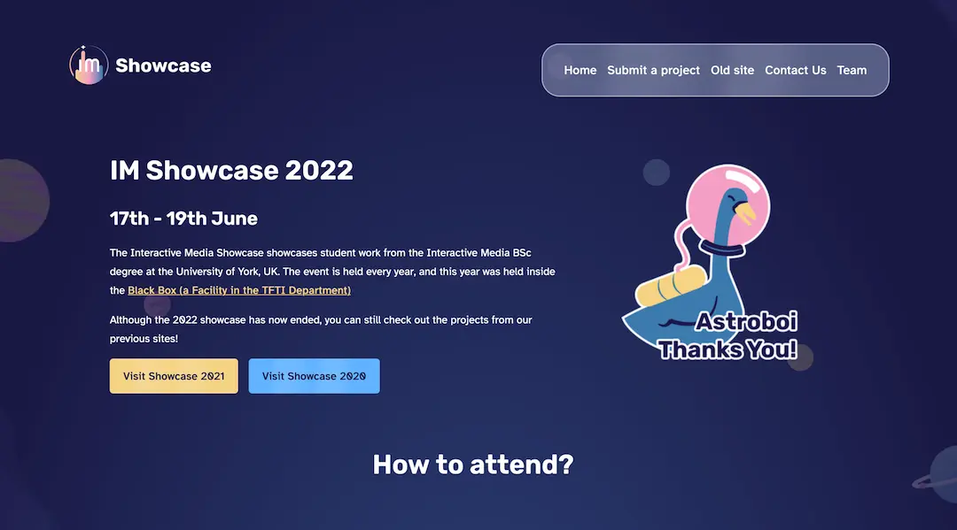 A screenshot of the 2022 homepage showing some introductory text, buttons to view the previous versions of the site, and an illustration of a duck wearing a spacesuit saying "Astroboi Thanks You!"