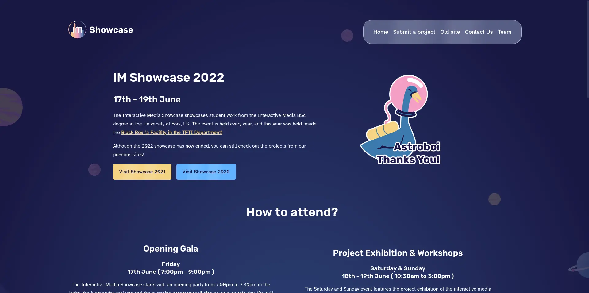 Screenshot of the IM Showcase 2022 homepage. A heading reads "IM Showcase 2022", with a paragraph below describing the event. To the right is an illustration of a duck wearing a spacesuit and a caption reading "Astroboi thanks you!". Partially visible below is another section about the opening gala, project exhibition, and how to attend.